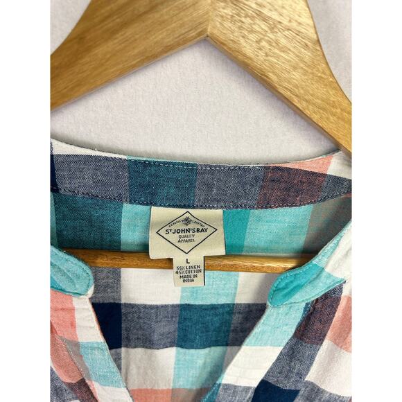 St Johns Bay Short Sleeve Relaxed Checkered Plaid Shirt - Size Large Linen - Picture 7 of 12
